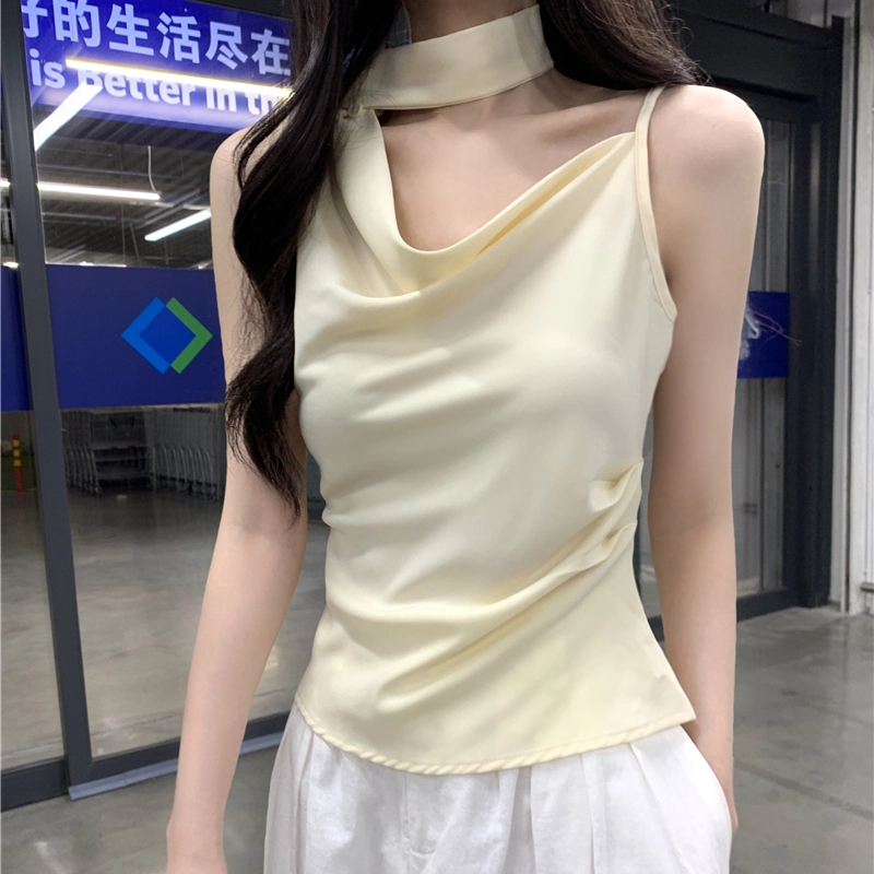 缪斯的诱惑 设计感斜肩荡领挂脖飘带女夏季气质时尚修身短款上衣吊带 女款