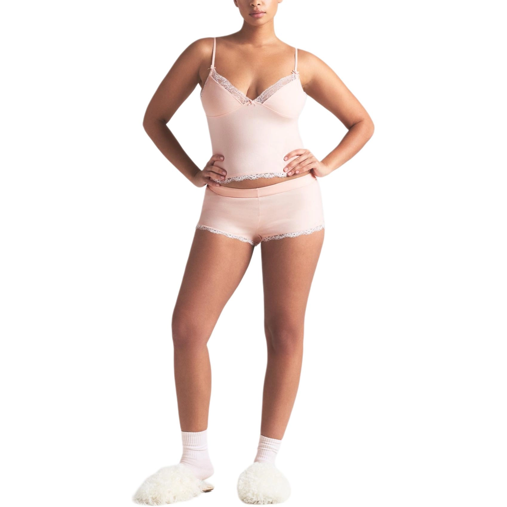 SKIMS SS25 COTTON JERSEY LACE CAMI AND SHORT SET PRIMROSE