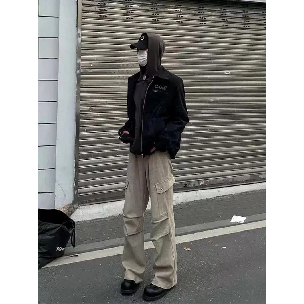 美式复古多口袋伞兵风宽松直筒阔腿休闲长裤牛仔裤 男女同款