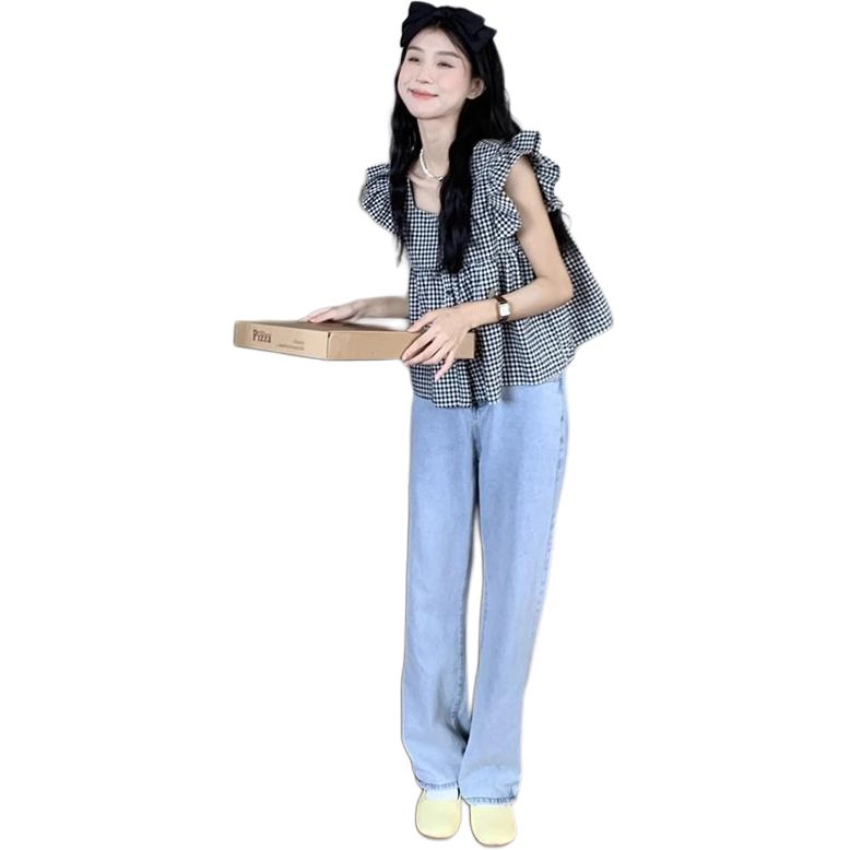 水中花 法式飞飞袖上衣格子衬衣设计感小众宽松小个子短款短袖衬衫 女款