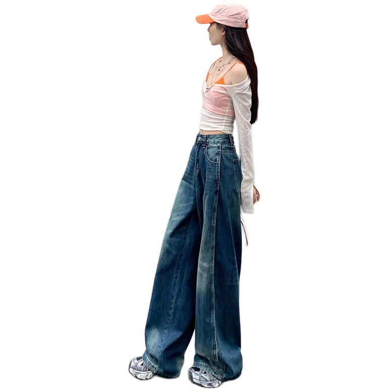玫丝朵 美式复古潮流做旧设计时尚百搭宽松直筒垂感拖地牛仔裤 女款