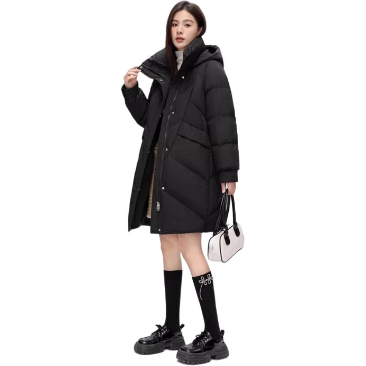 雅鹿 纯色中长款可拆卸帽休闲保暖羽绒服 女款