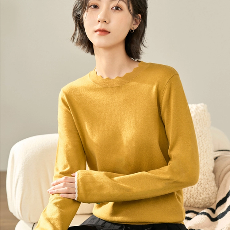 茵曼 纯色木耳边圆领套头毛衣 女款