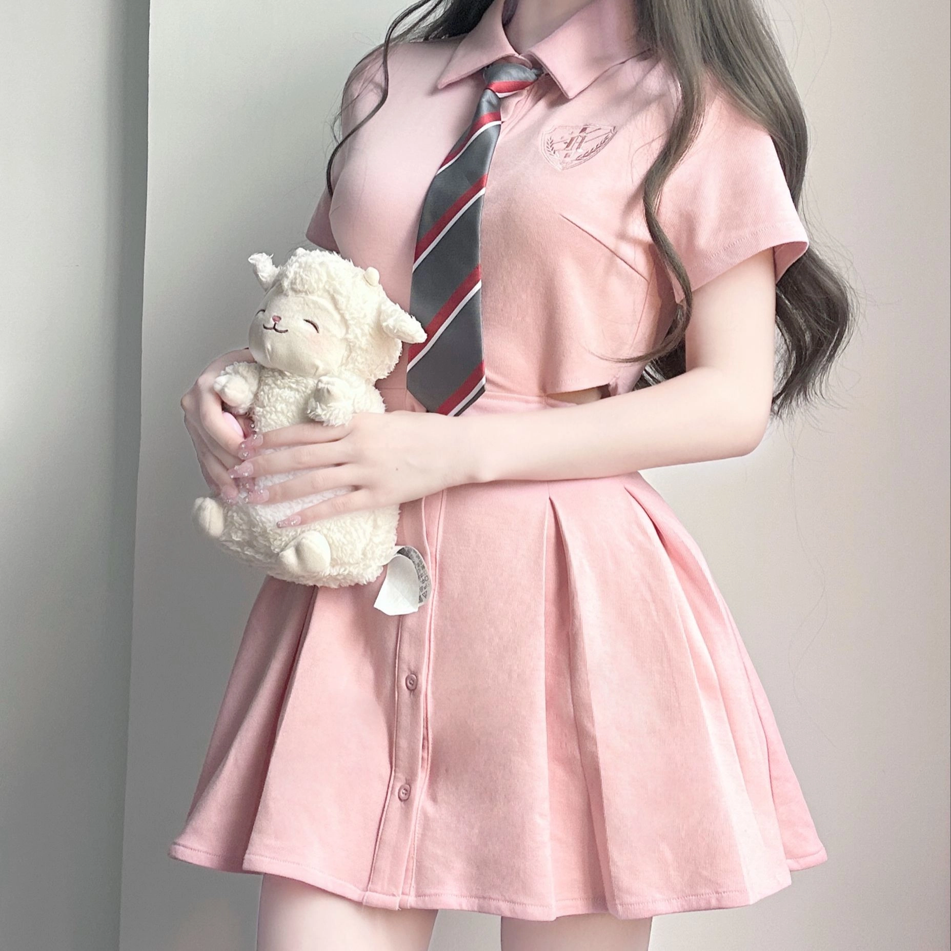 纯色衬衫领短袖连衣裙 女款 粉红色