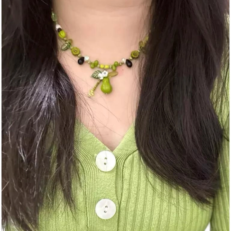 清脆小溪 小众森系风小清新 创意青梨绿芽 清新典雅自然个性设计绿色系气质 树脂 项链 女款