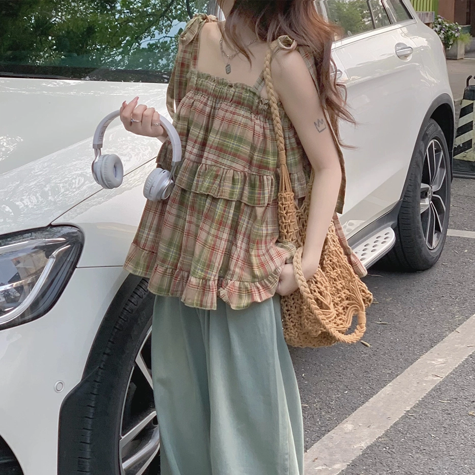 玉儿恋 格子套头方领薄款系带吊带 女款 红色