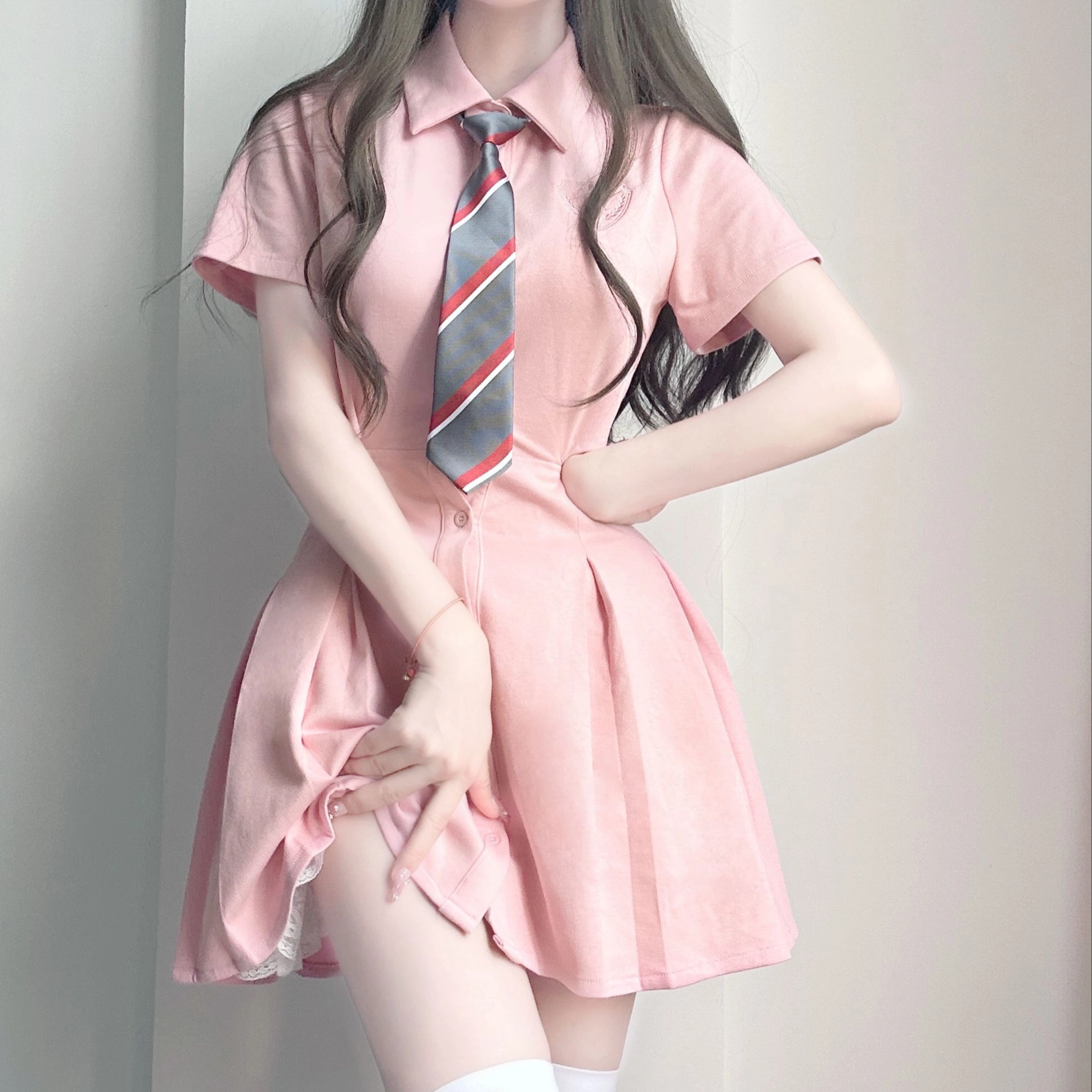 纯色衬衫领短袖连衣裙 女款 粉红色
