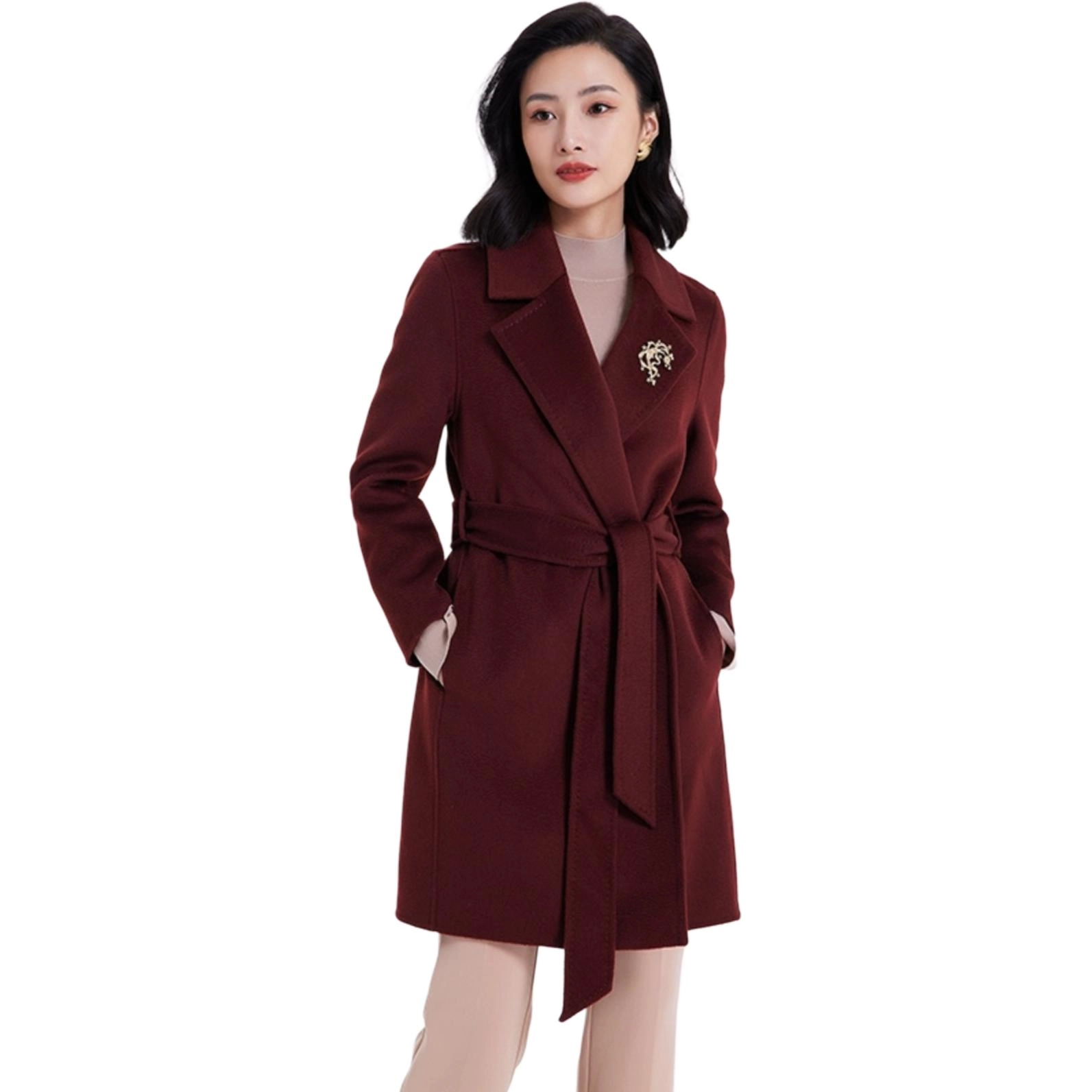 乔万尼 纯色中长款舒适长袖大衣 女款 酒红