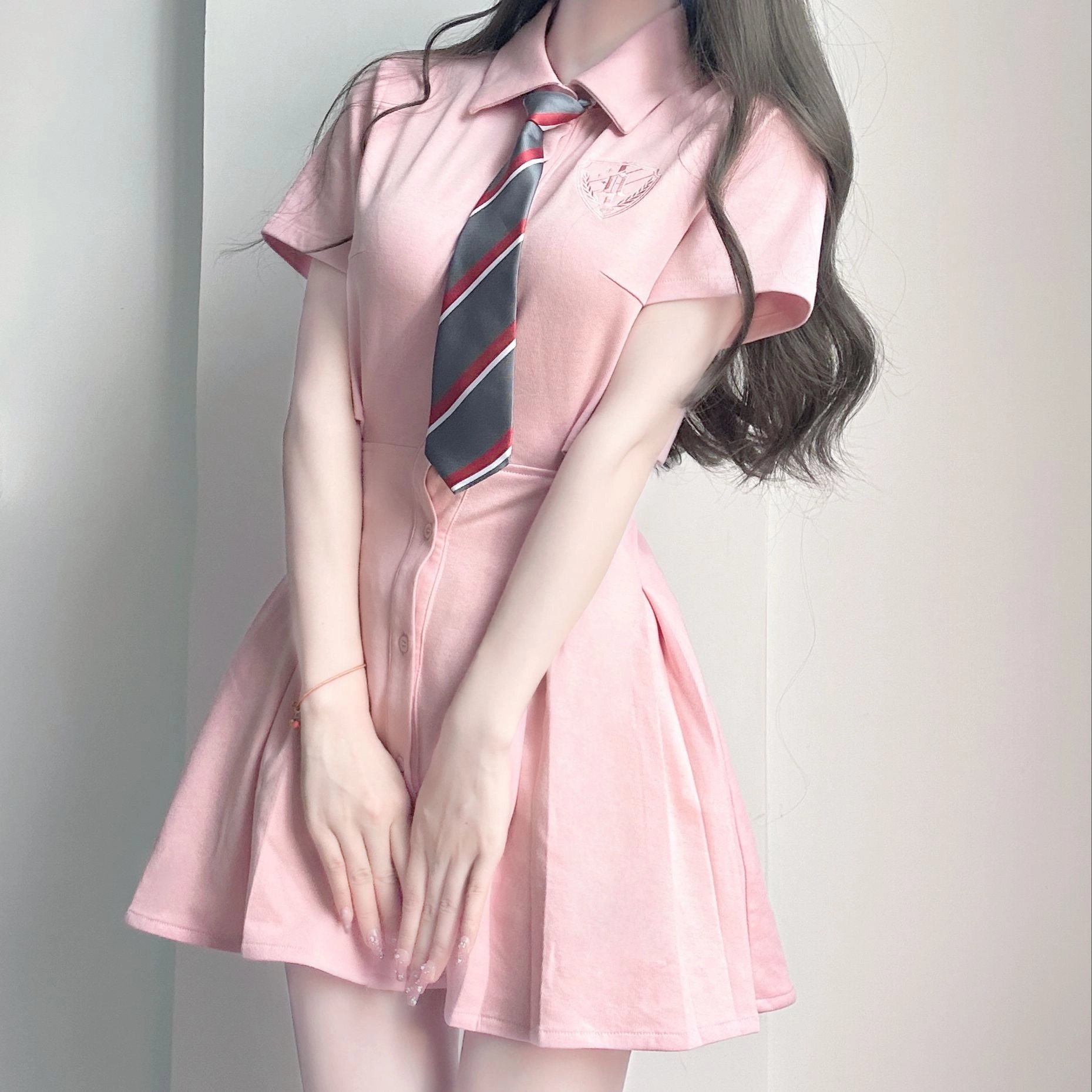纯色衬衫领短袖连衣裙 女款 粉红色