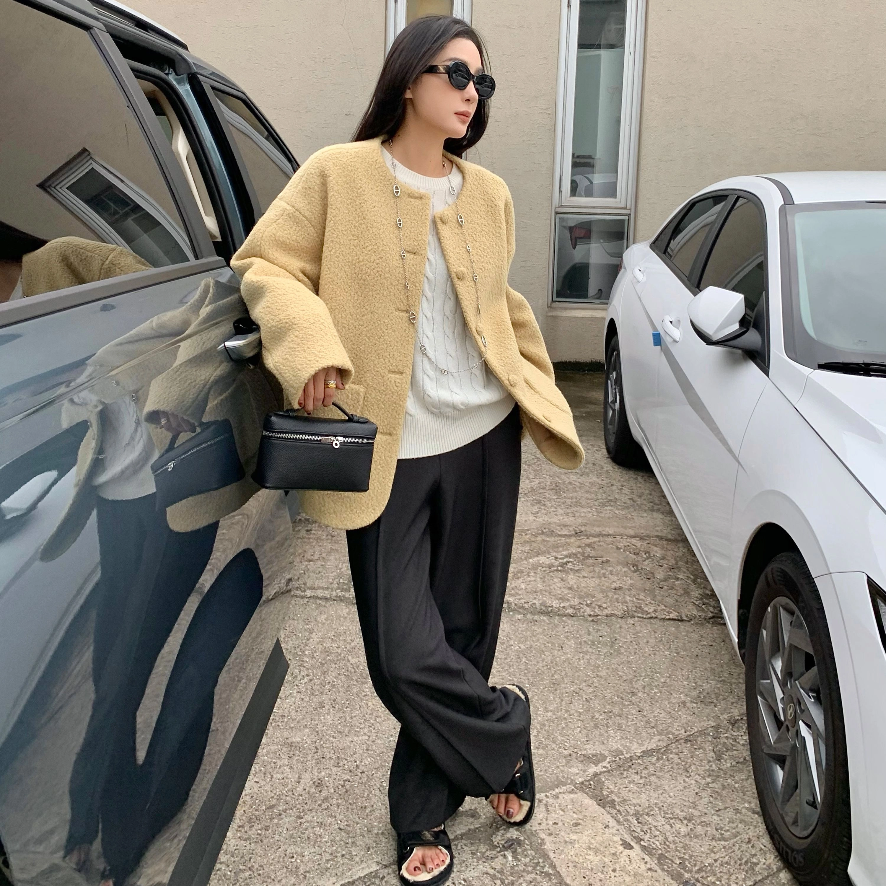 周淼 腰头对称压褶直筒阔腿裤高腰宽松休闲西装裤子 女 秋季