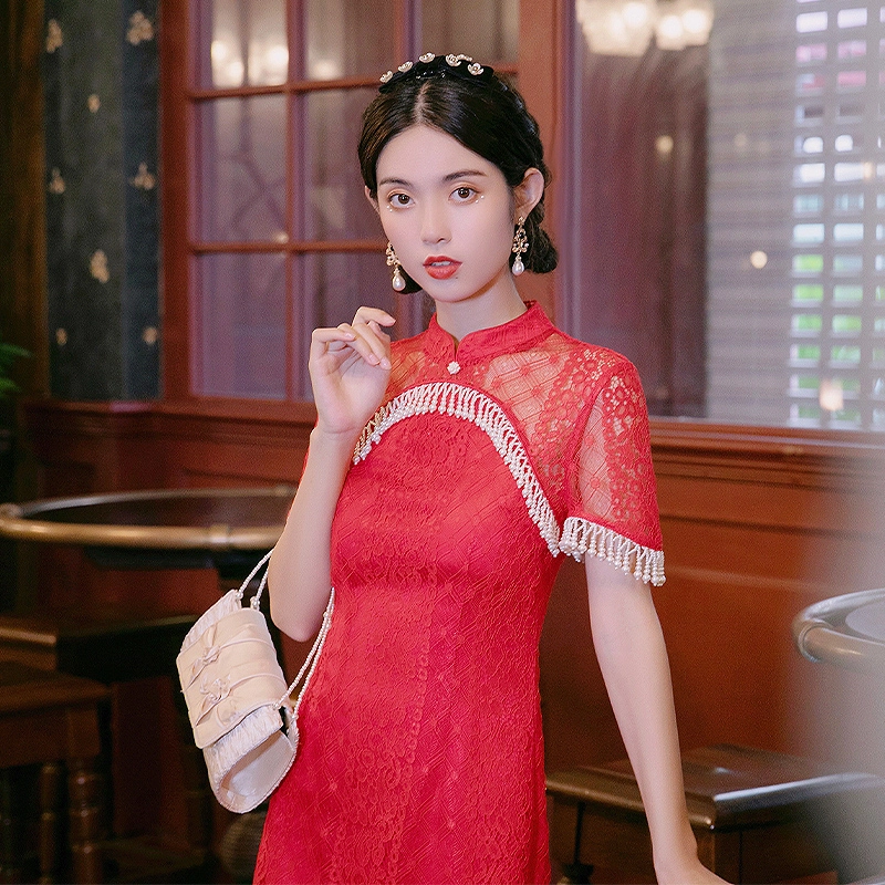 槿爷东方 卷珠帘条纹蕾丝旗袍 女款 红色
