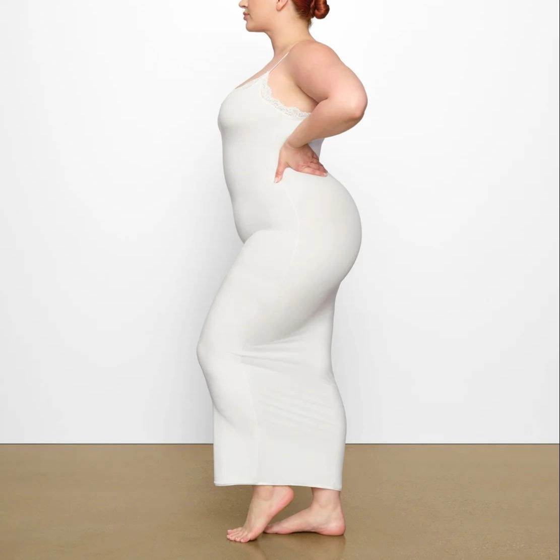 SKIMS FITS EVERYBODY CORDED LACE LONG SLIP DRESS MARBLE