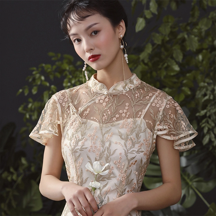 槿爷东方 中国风刺绣小飞袖旗袍 女款 杏色