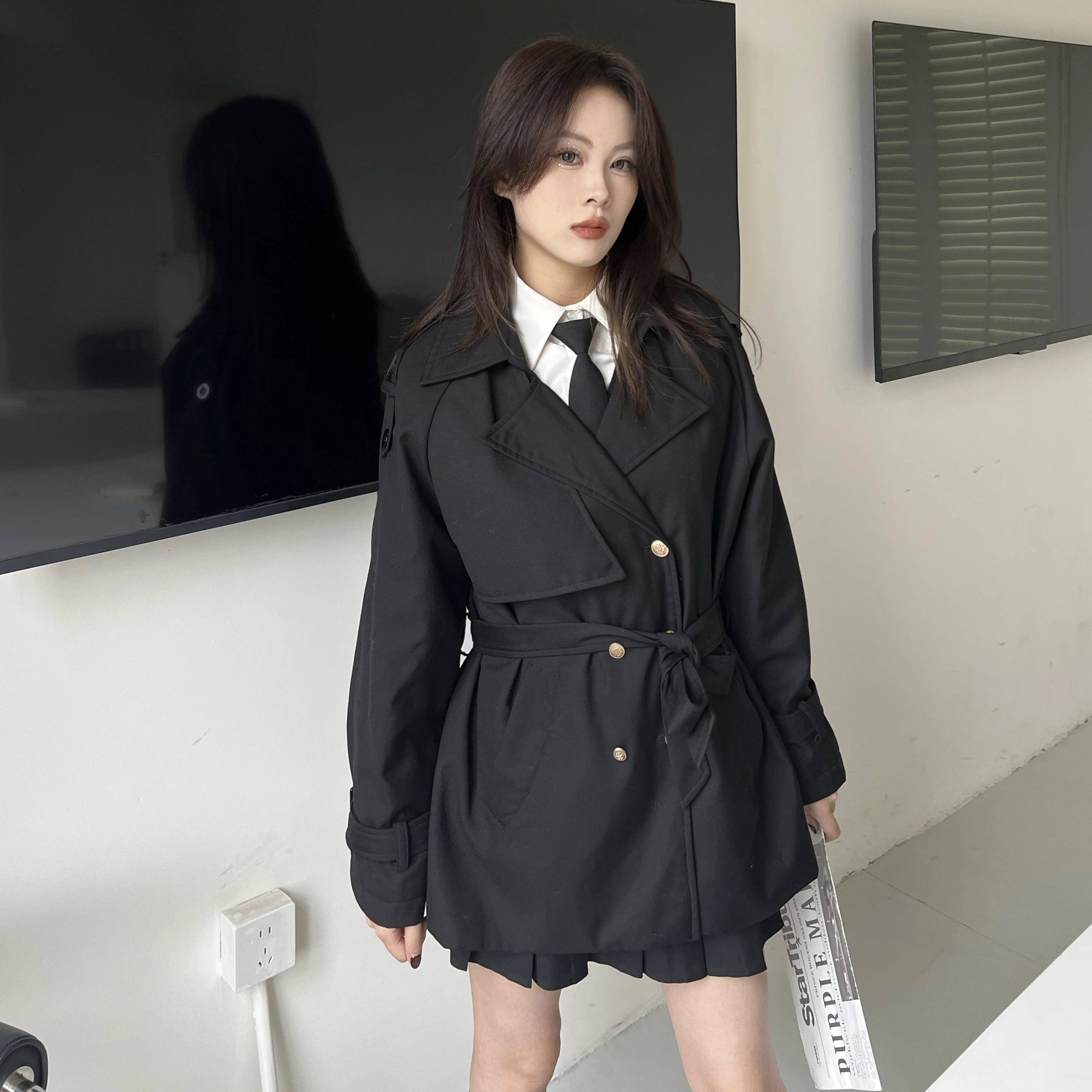 九条喵 纯色双排扣系带风衣外套 女款 黑色