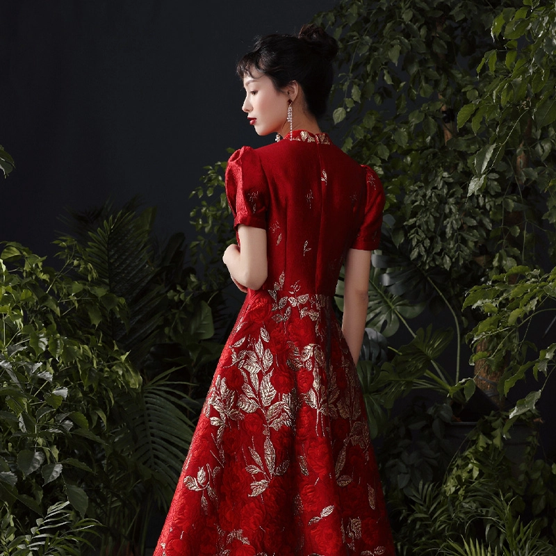 玫瑰泡泡袖改良版旗袍短袖仙女短袖连衣裙 夏季 女款 红色