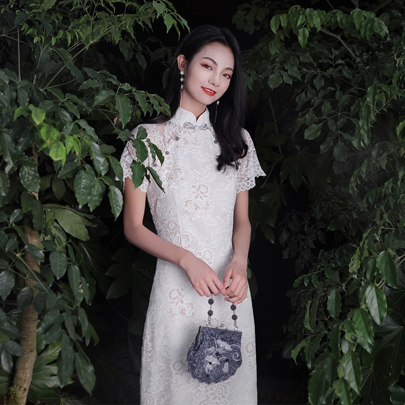 槿爷东方 奶茶白琵琶珍珠花扣双斜襟旗袍 女款 奶茶白