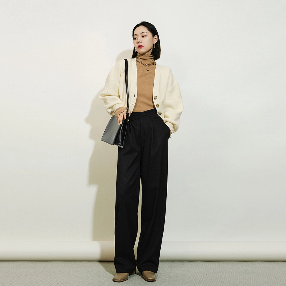 美洋 纯色交叉高腰直筒休闲裤 女款