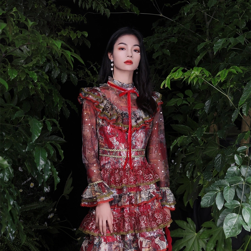 槿爷东方 凝红法式改良版长袖圆领合身长袖连衣裙 女款 红色
