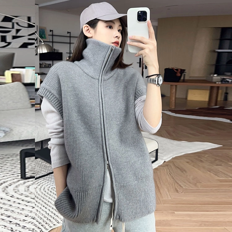 美洋 纯色立领无袖常规款针织衫 女款