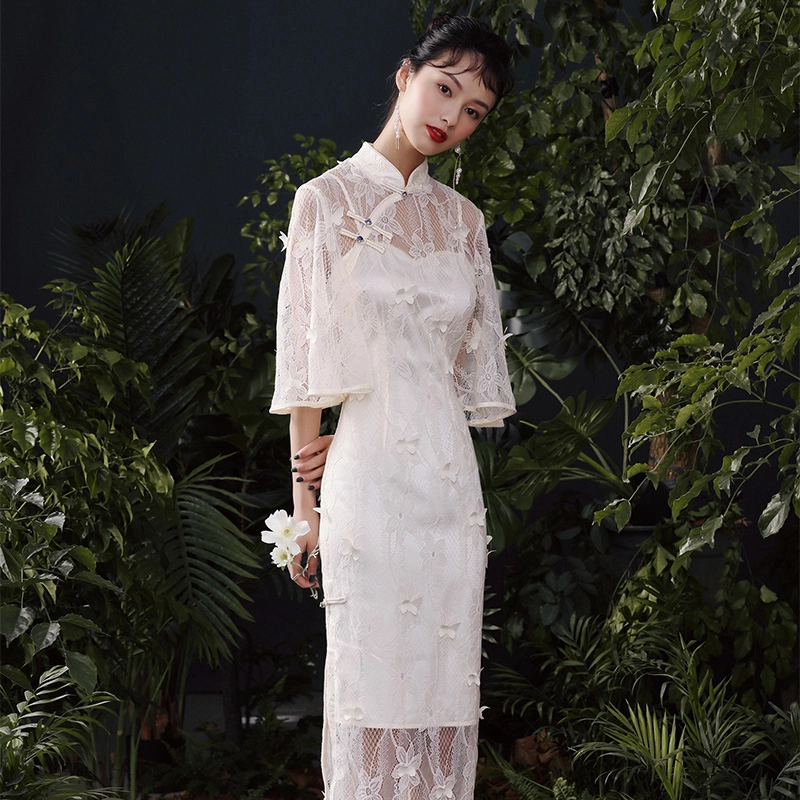 槿爷东方 梦蝶蕾丝长袖旗袍裙 女款 浅杏色