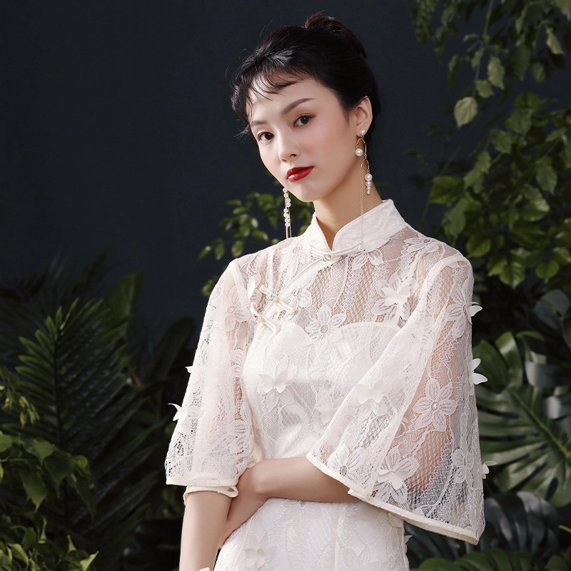 槿爷东方 梦蝶蕾丝长袖旗袍裙 女款 浅杏色