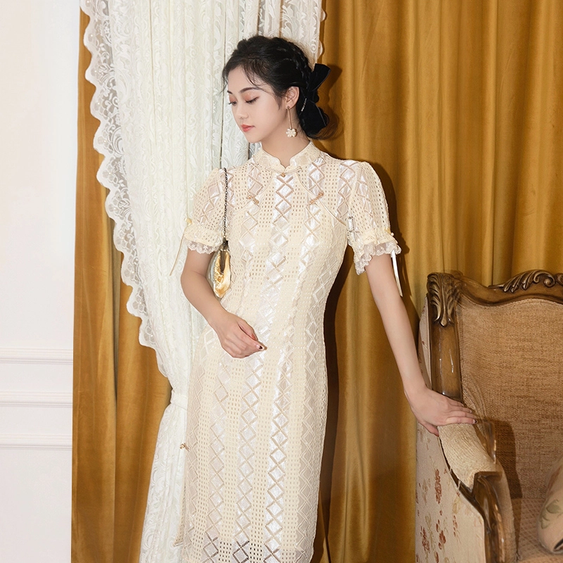 槿爷东方 意眠中式复古蕾丝条纹旗袍 女款 米色