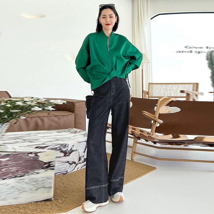 美洋 高腰明线微喇阔腿纯色牛仔裤 女款 深蓝色