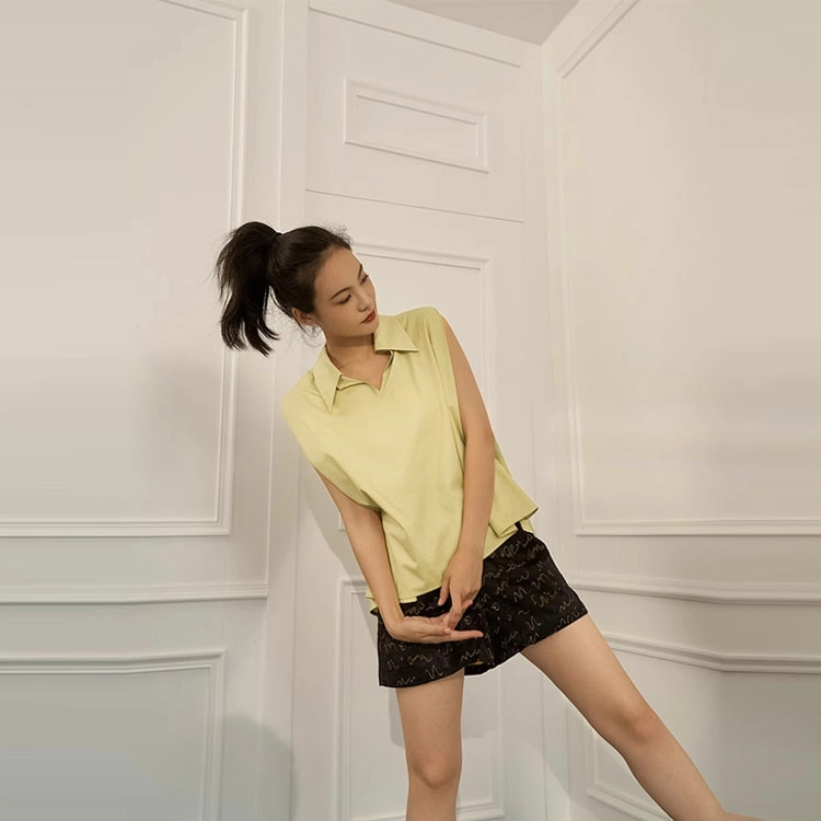 美洋 纯色尖领套头无袖衬衫 女款 奶油黄