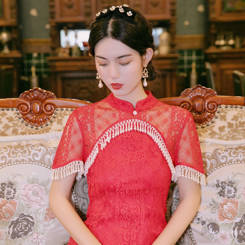 槿爷东方 卷珠帘条纹蕾丝旗袍 女款 红色