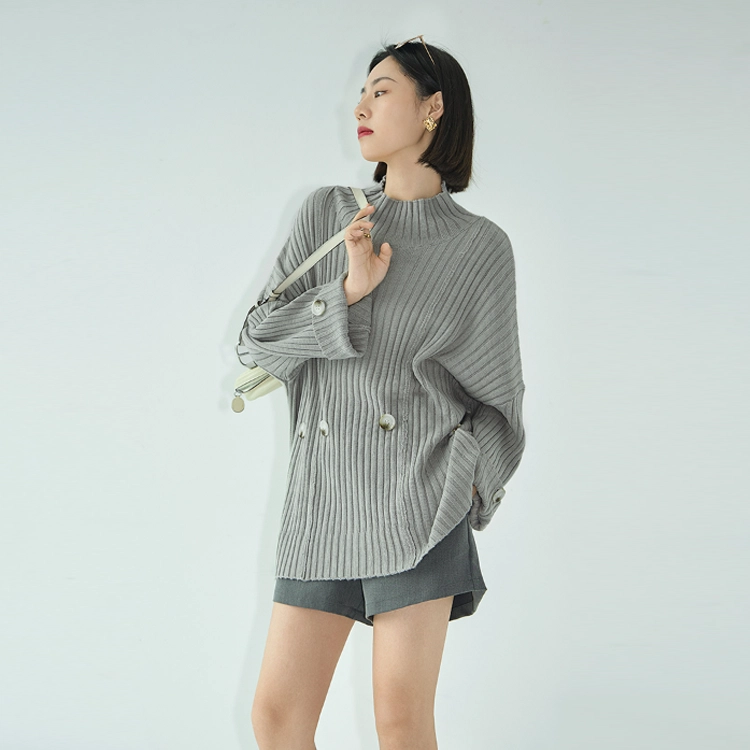 美洋 纯色半高领套头长袖针织衫 女款 浅灰