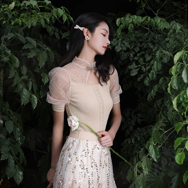 槿爷东方 织网状闪片半身纱裙 杏色