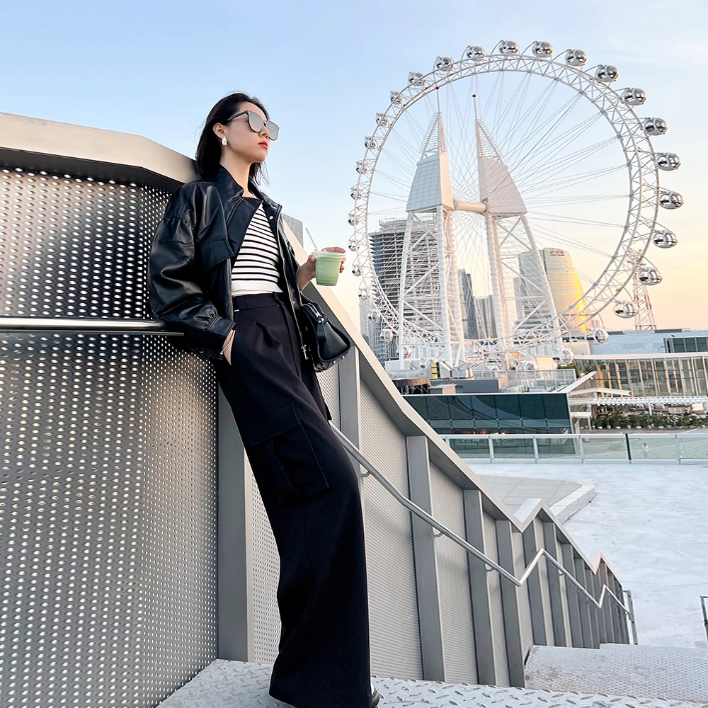美洋 纯色高腰阔腿工装长裤 女款 黑色