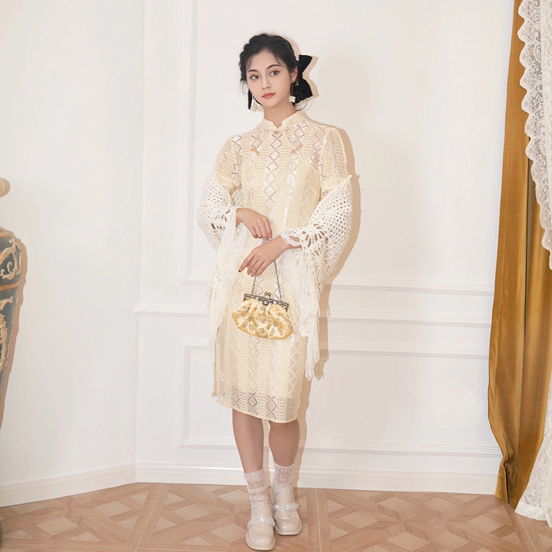 槿爷东方 意眠中式复古蕾丝条纹旗袍 女款 米色