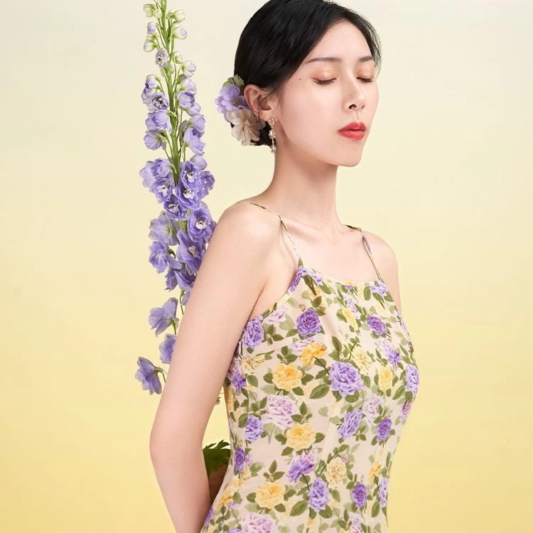四美子 短袖鱼尾连衣裙吊带连衣裙裙装套装 女款 花折柔