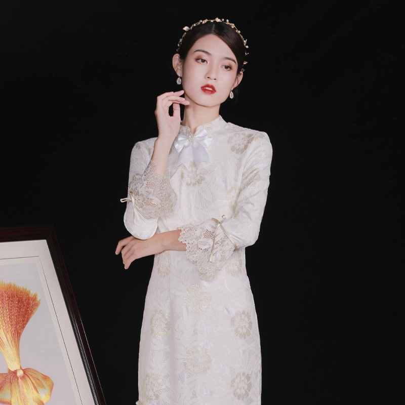 槿爷东方 金玉芙蓉 蕾丝长袖旗袍 女款 白色