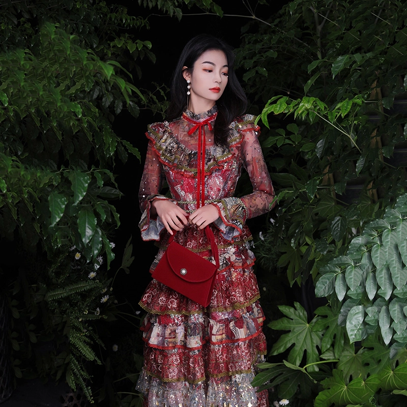 槿爷东方 凝红法式改良版长袖圆领合身长袖连衣裙 女款 红色