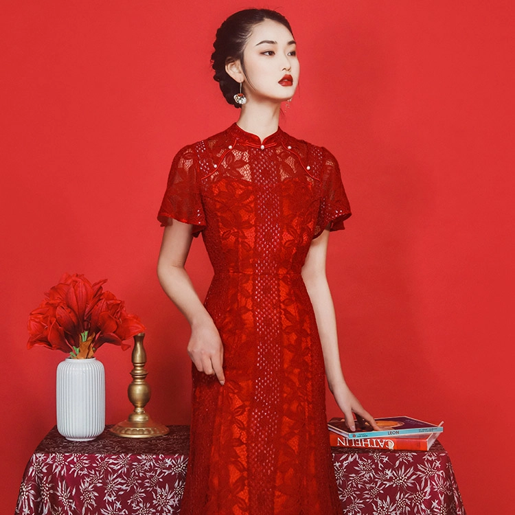 槿爷东方 蕾丝短袖鱼尾旗袍连衣裙 中国红