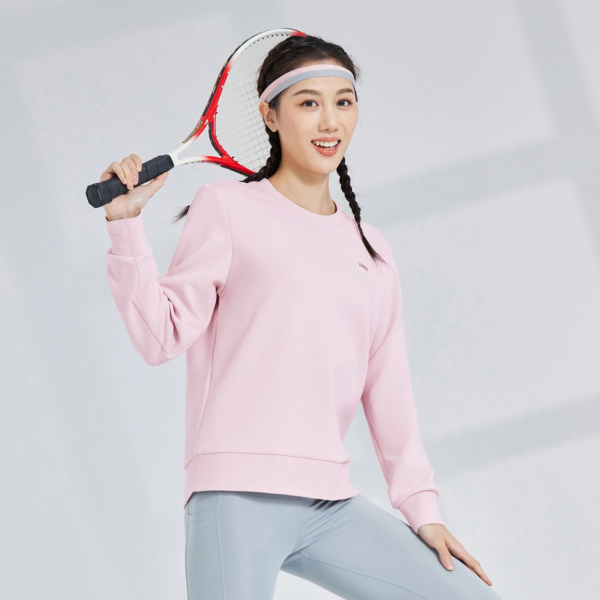 鸿星尔克 立型科技 纯色字母印花休闲运动简约圆领长袖卫衣 女款 芍药粉