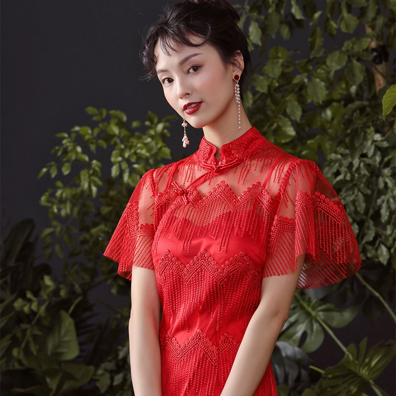 槿爷东方 假流苏刺绣复古短袖旗袍 女款 红色