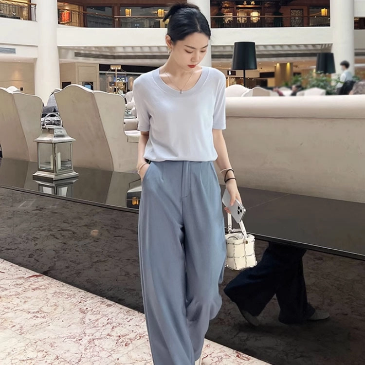 美洋 纯色直筒休闲短袖针织衫 女款 浅蓝色