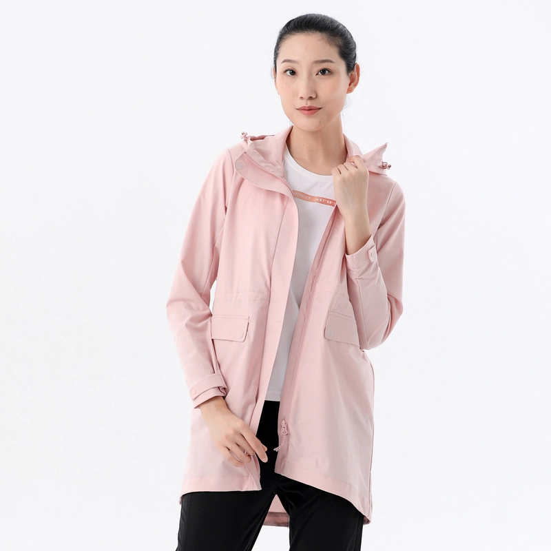 探路者 纯色户外休闲中长款连帽风衣 女款