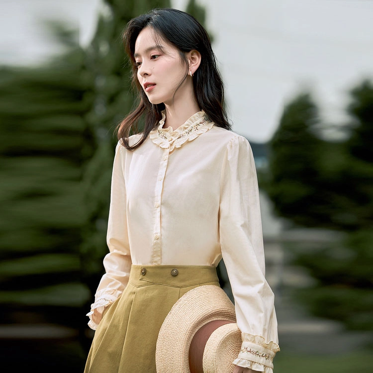 茵曼 图案印花立领长袖衬衫 女款
