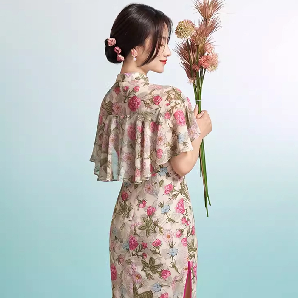 四美子 立领低开衩印花拉链短袖连衣裙 粉花鸢