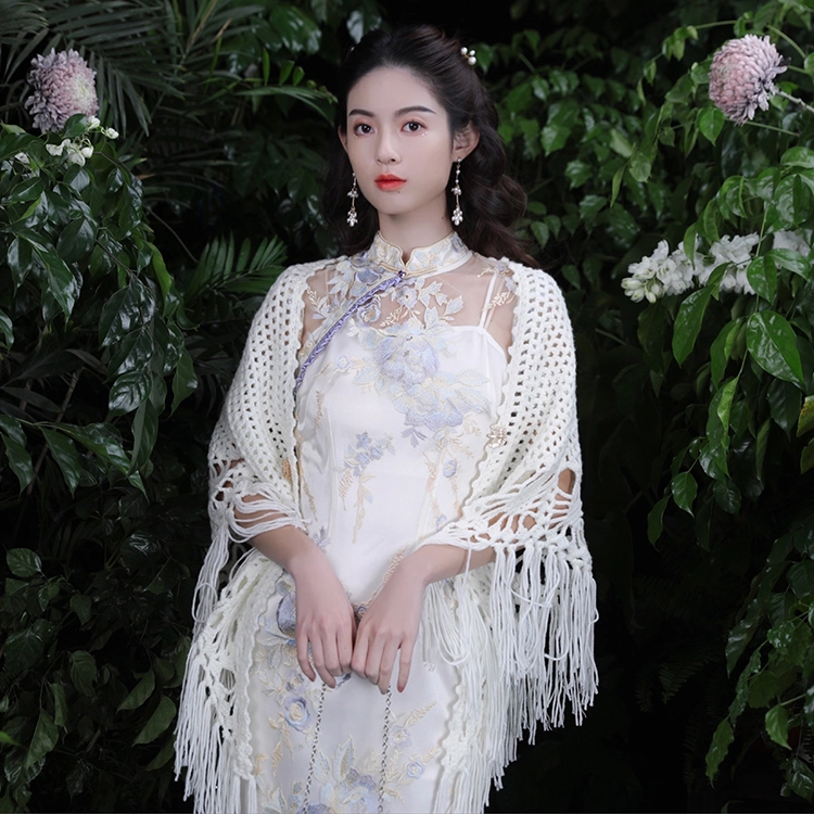槿爷东方 重工刺绣及膝短袖低开衩短袖旗袍 女款 月光白