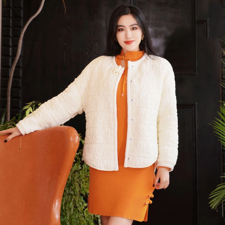 四美子 纯色圆领长袖开衫棉服 女款 若雪