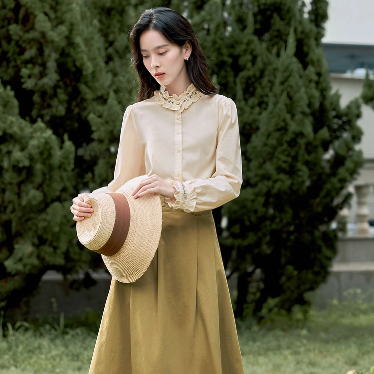 茵曼 图案印花立领长袖衬衫 女款