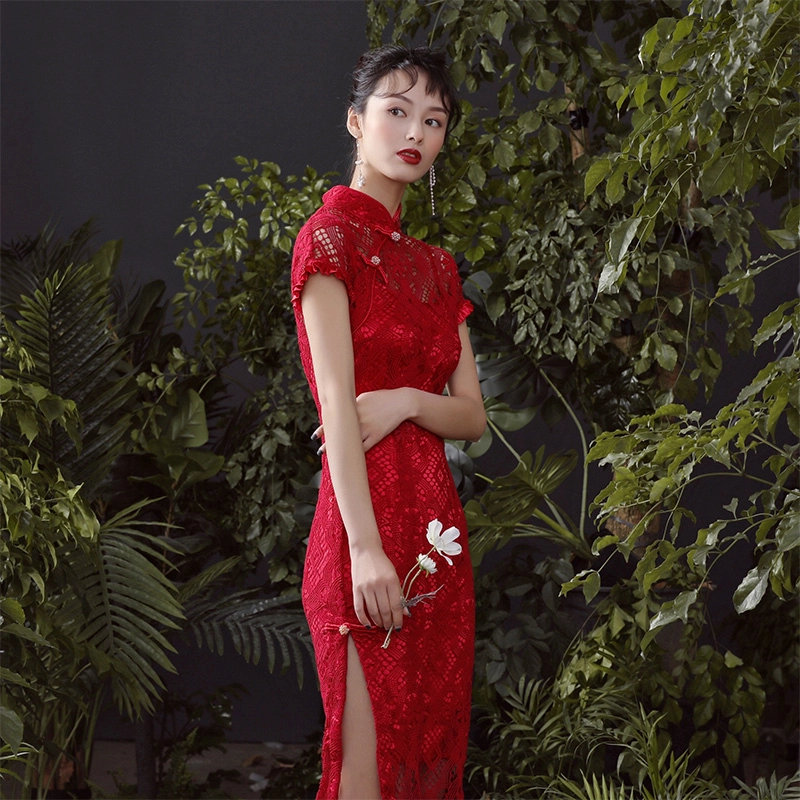 槿爷东方 复古蕾丝领口盘扣旗袍 女款 酒红色