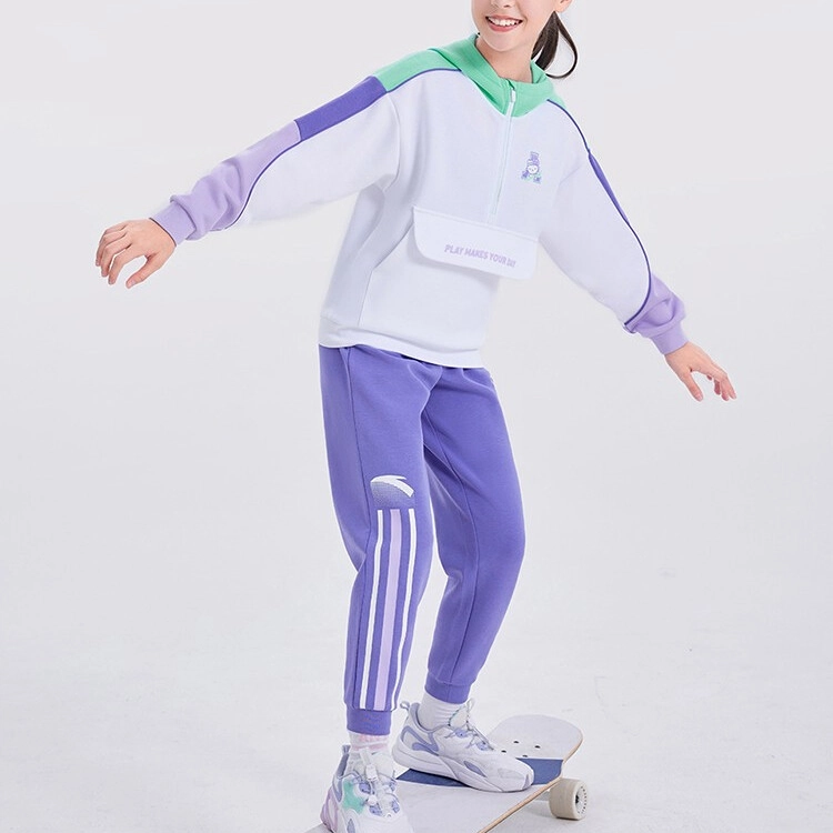 安踏 童装 印花字母半拉链连帽套头卫衣 女童 纯净白