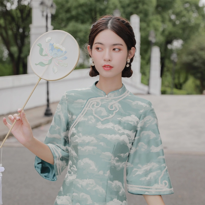 槿爷东方 云清灰姑娘 如意纹长袖旗袍 女款 青绿色