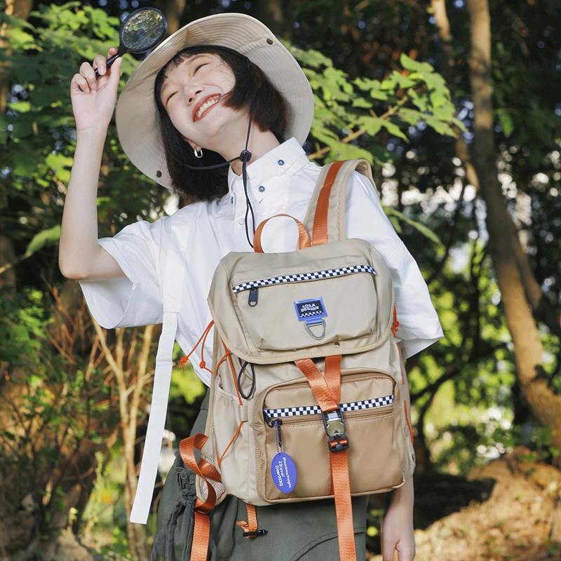 萝拉原创 今日尽兴简约 大学生校园街头潮流 帆布 双肩包 书包 中号 男女同款情侣款 卡其色